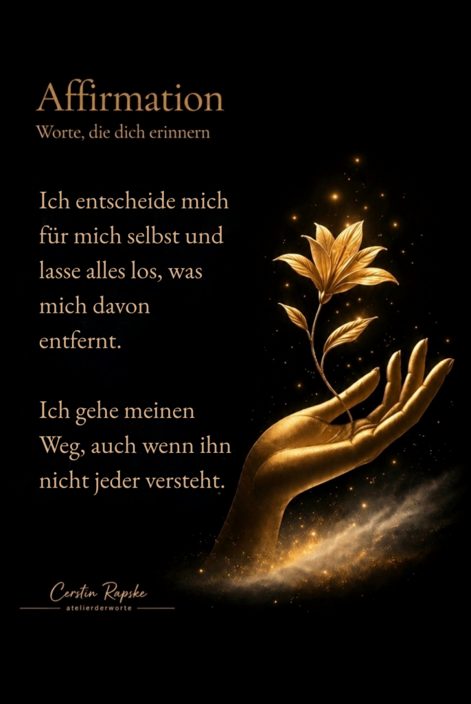 Goldene Hand mit leuchtender Blume auf schwarzem Hintergrund. Affirmation über Selbstbestimmung, Loslassen und den Mut, den eigenen Weg zu gehen.