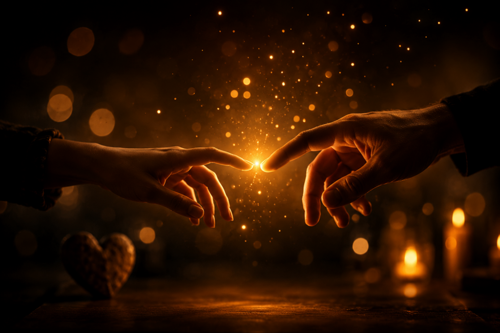 Atmosphärisches Motiv mit zwei Händen, die sich in dunkler, goldener Lichtstimmung beinahe berühren. Zwischen den Fingerspitzen leuchtet ein heller Funke, umgeben von warmen Lichtpartikeln und unscharfen Kerzenlichtern im Hintergrund. Unten links steht ein kleines Herzobjekt auf einem Holztisch. Das Bild vermittelt Nähe, Verbindung, Sehnsucht und einen magischen Moment zwischen zwei Mensschen.