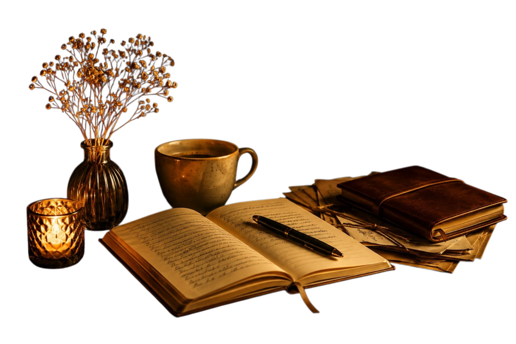 Stimmungsvolle Szene mit einem Buch auf einem Tisch, goldenen Blumen in einer Vase und warmem Licht. Das Bild vermittelt Ruhe, Inspiration und eine poetische Schreibatmosphäre passend zum Buch "Ganz. Echt. Ich." von Cerstin Rapske.