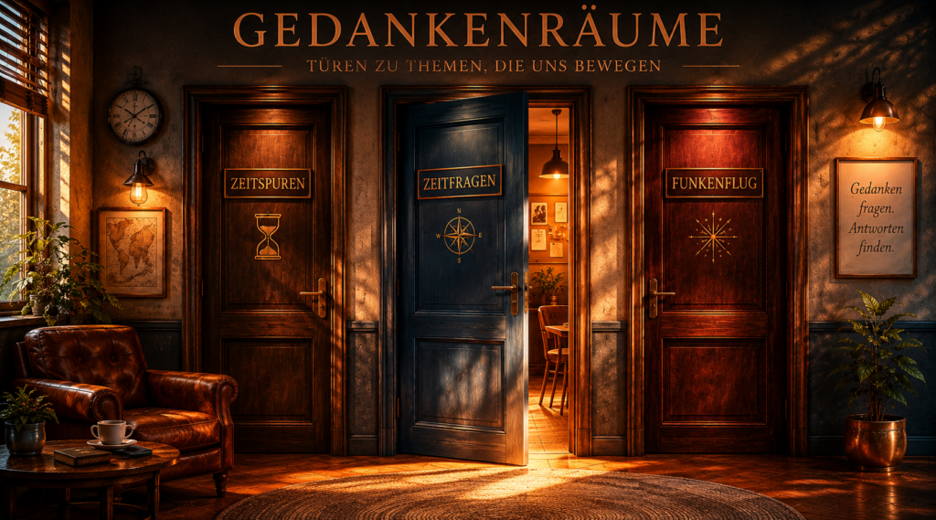 Gedankenraum mit drei Türen für Zeitspuren, Zeitfragen und Funkenflug