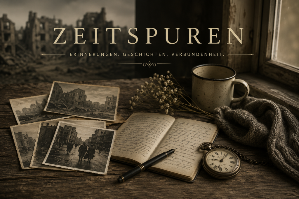 Schaufensterbild der Reihe Zeitspuren mit alten Fotos, Tagebuch, Uhr und Erinnerungen an die Zeit nach dem Krieg