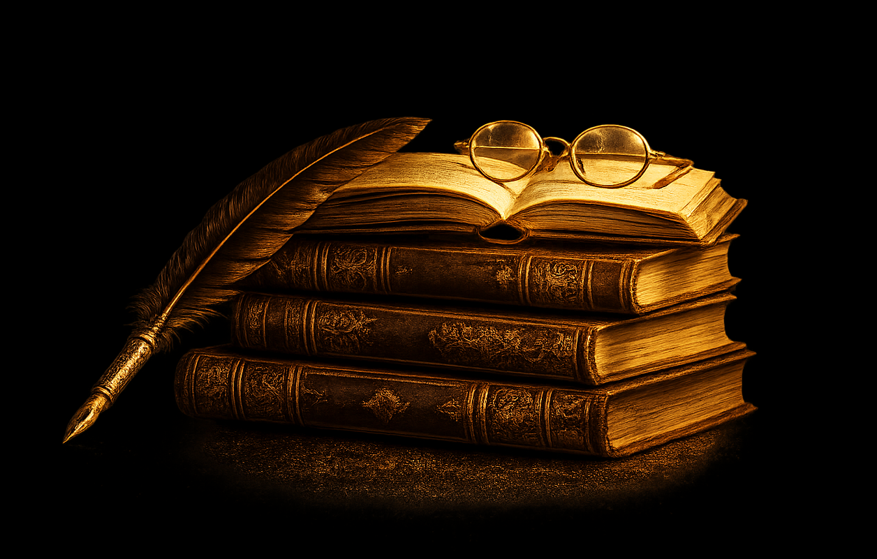 Ein edler Stapel alter Bücher mit goldenen Seiten, darauf ein geöffnetes Buch, eine runde Brille und eine Schreibfeder. Das warme Licht und der schwarze Hintergrund unterstreichen die ruhige, literarische Atmosphäre des Buches "Sinnvoll leben" von Cerstin Rapske