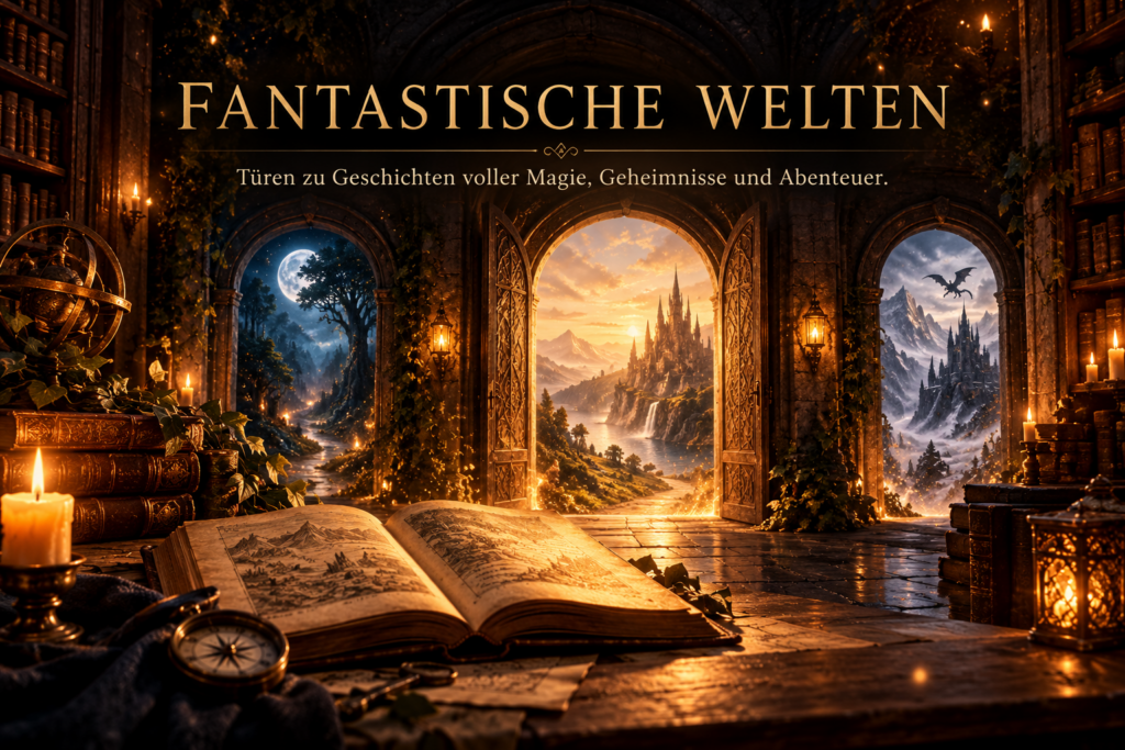Fantastische Welten: Ein aufgeschlagenes Buch auf einem Holztisch vor drei magischen Torbögen, die zu einem geheimnisvollen Mondwald, einem Schloss und verschneiten Bergen führen.