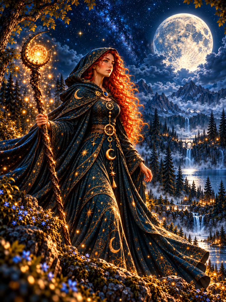 Die Mondhüterin Elira mit langen roten Haaren und einem leuchtenden Zauberstab in einem geheimnisvollen Wald unter einem strahlenden Vollmond und funkeldem Sternenhimmel.